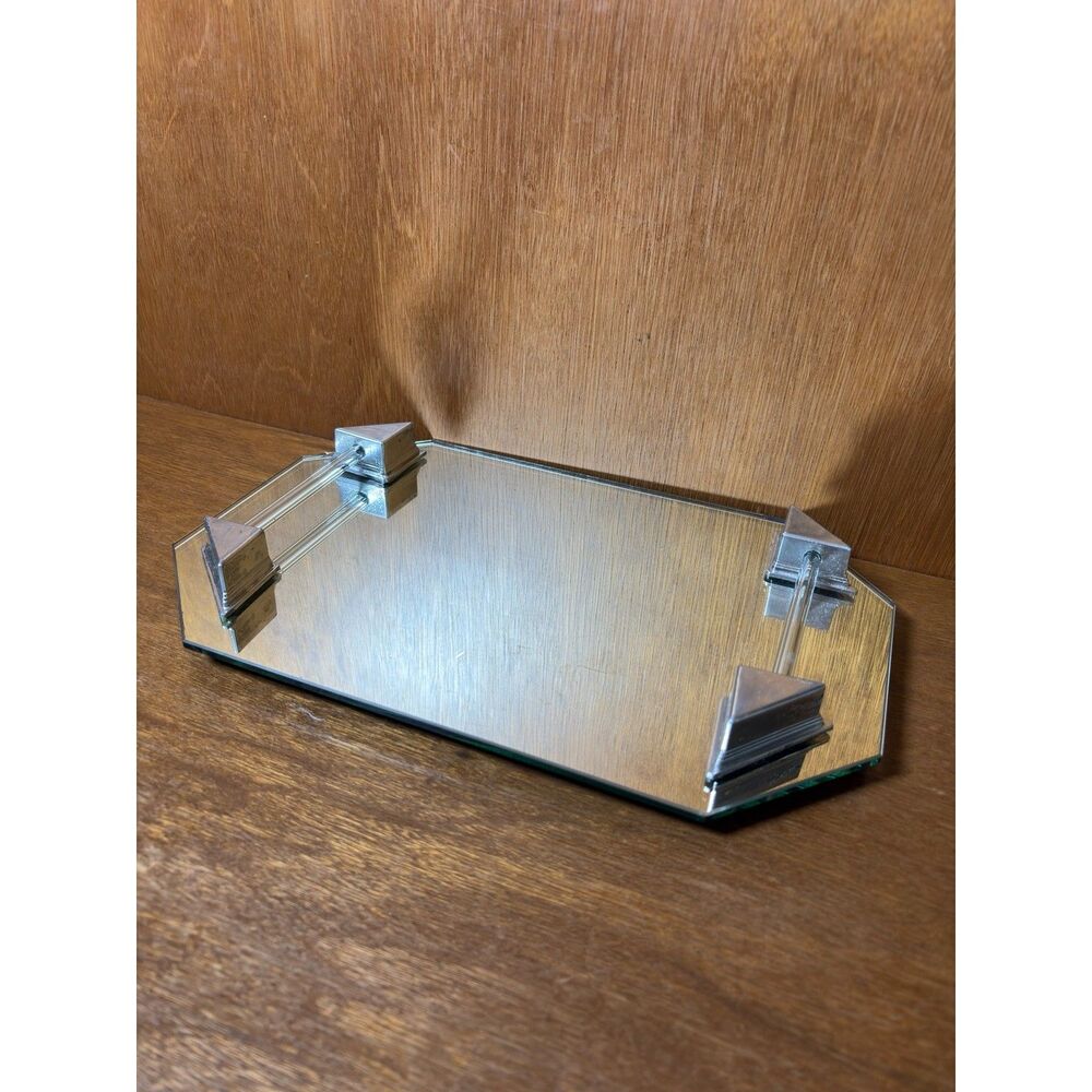 Vintage Art Deco Mirrored Perfume Vanity Tray 14x9 Glass Handles